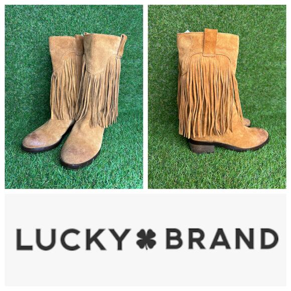 Lucky‎ Brand Caleb Suede Fringe Mid‑Calf Boots Pull‑On Boho Western Size 6.5M - Picture 1 of 12